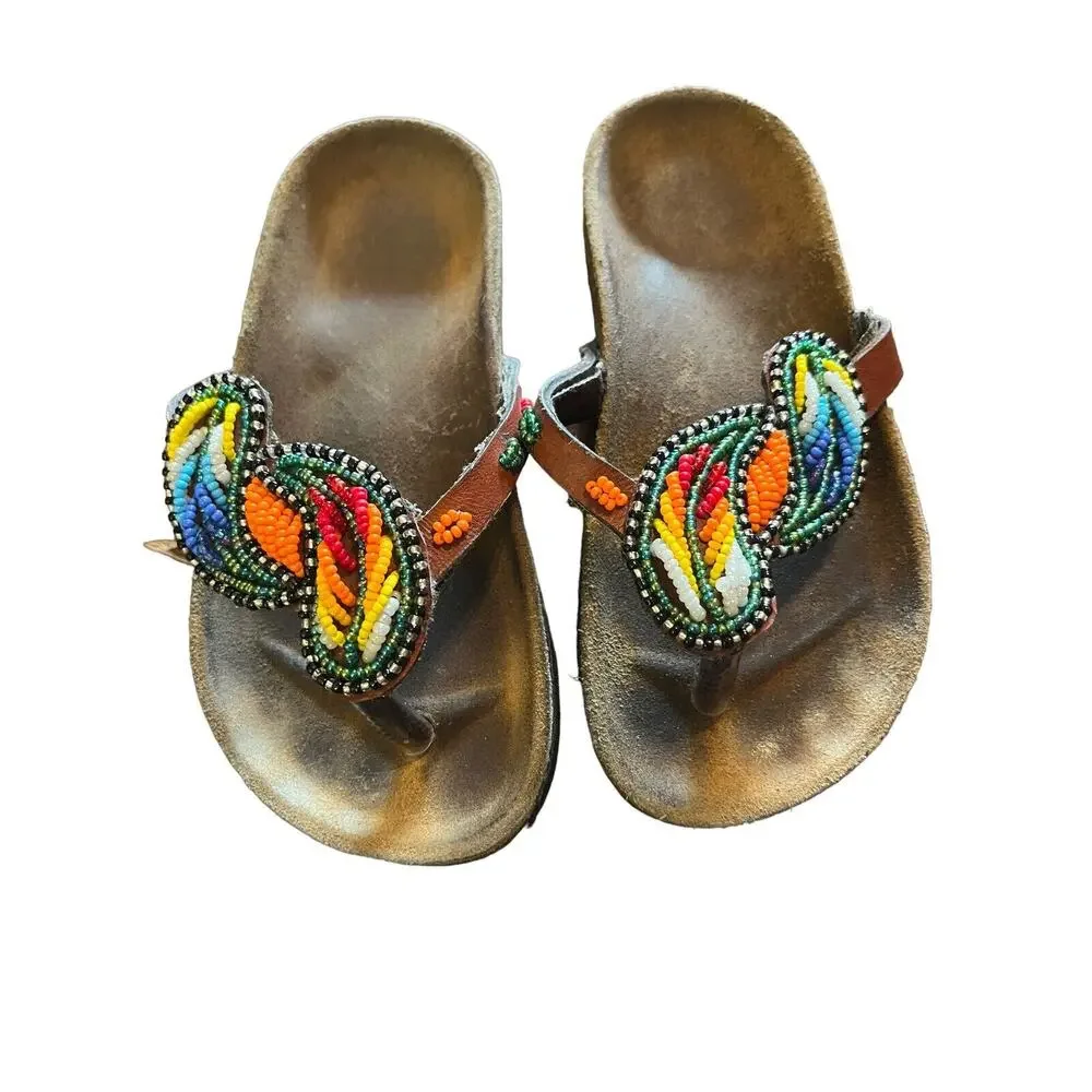 Beaded Leather Hand Crafted Sandals US Youth Sz 10 Unbranded Cork &‎ Leather